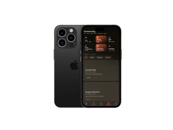 Beat Circle community screen with live sessions, battles, and genre spaces